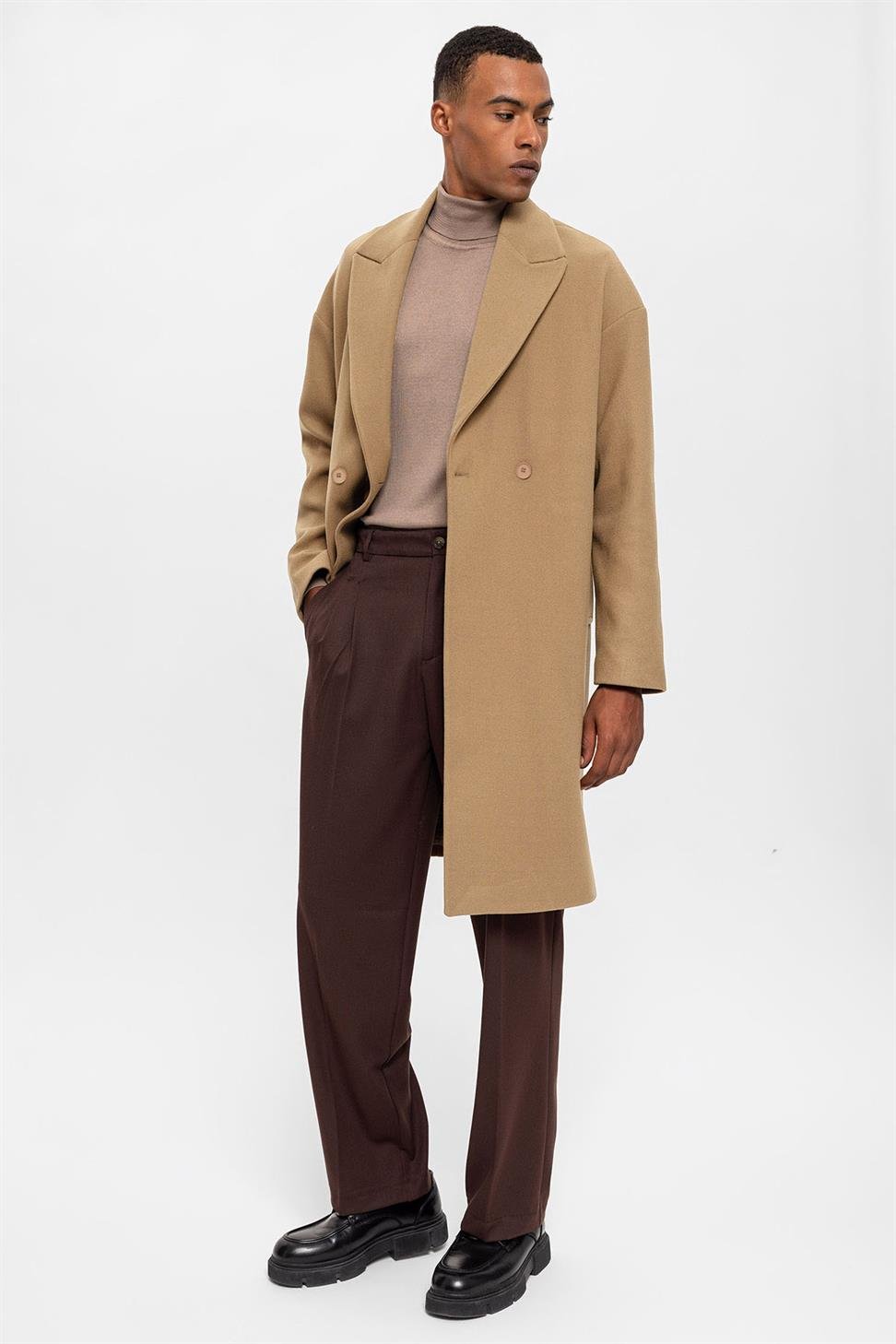 Antioch Koyu Bej Oversize Kruvaze Erkek Kaban