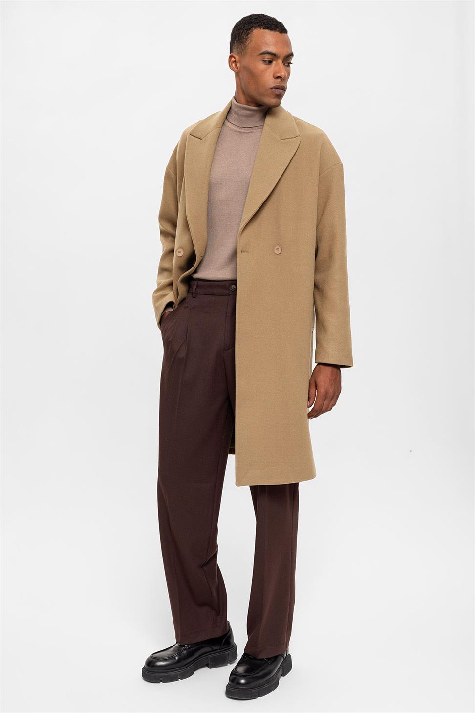 Antioch Koyu Bej Oversize Kruvaze Erkek Kaban