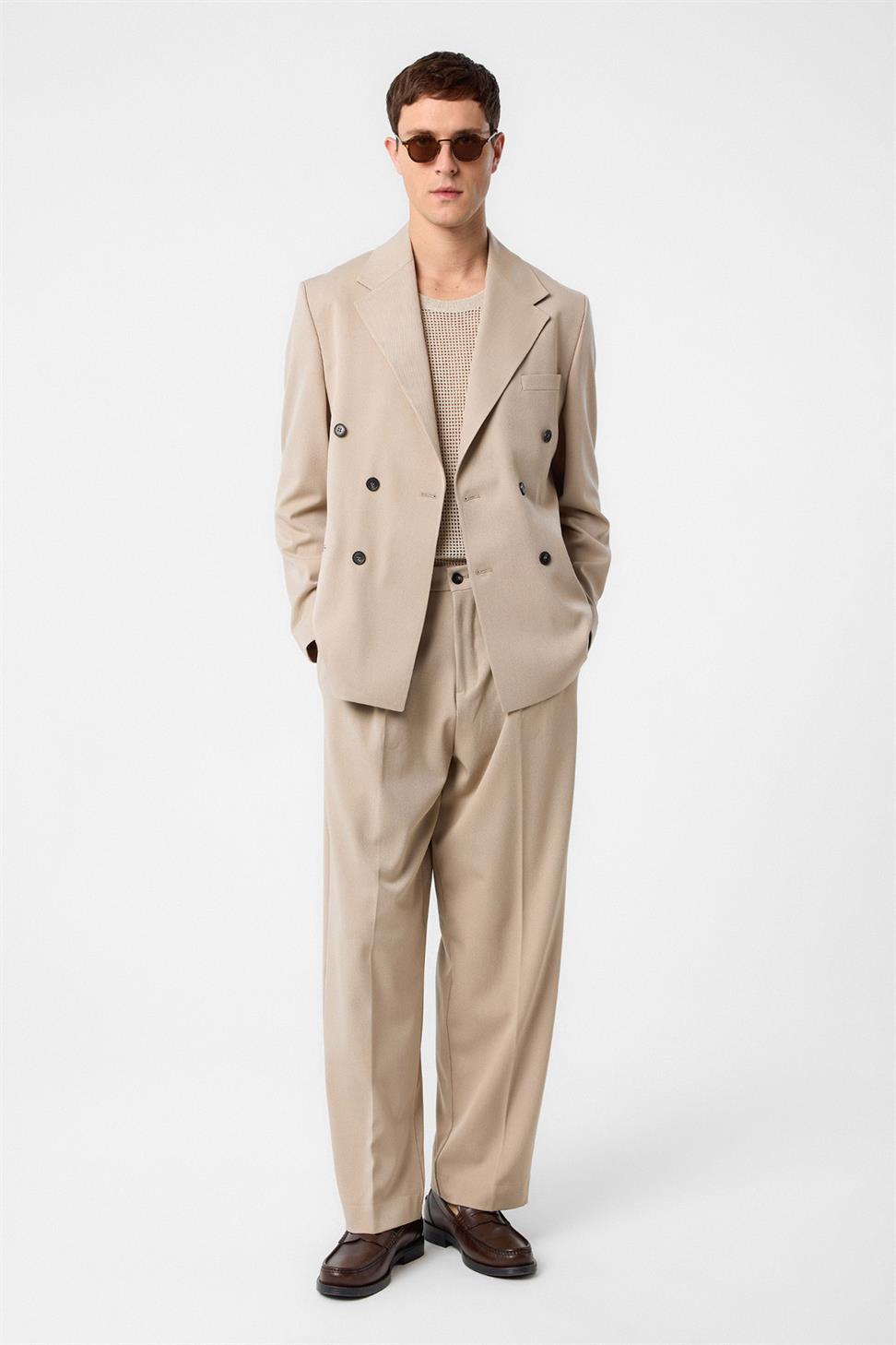 Antioch Koyu Bej Relax Fit Kruvaze Erkek Blazer Ceket