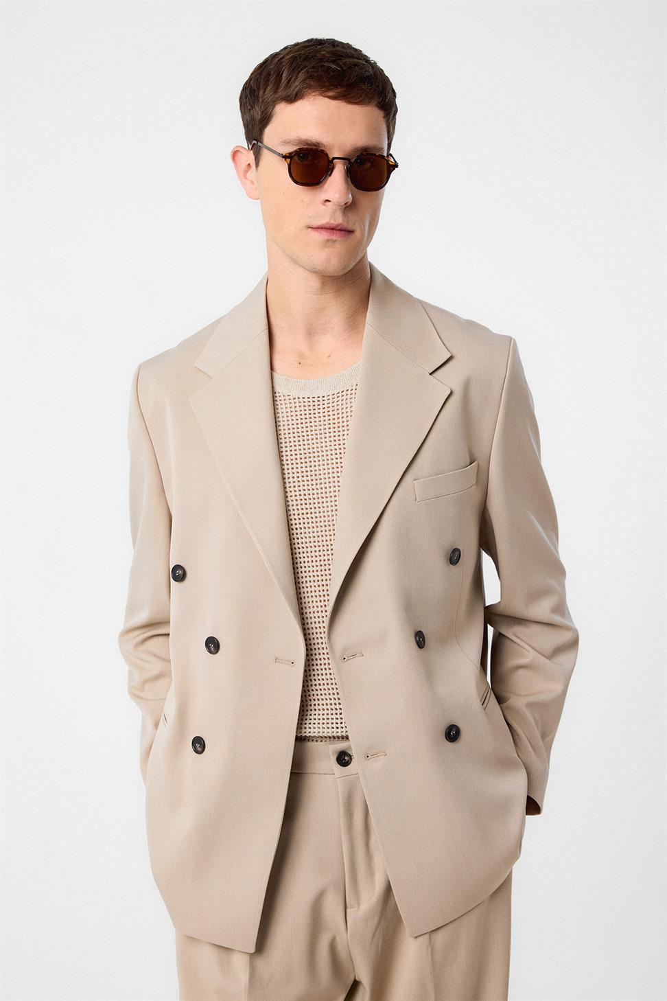 Antioch Koyu Bej Relax Fit Kruvaze Erkek Blazer Ceket