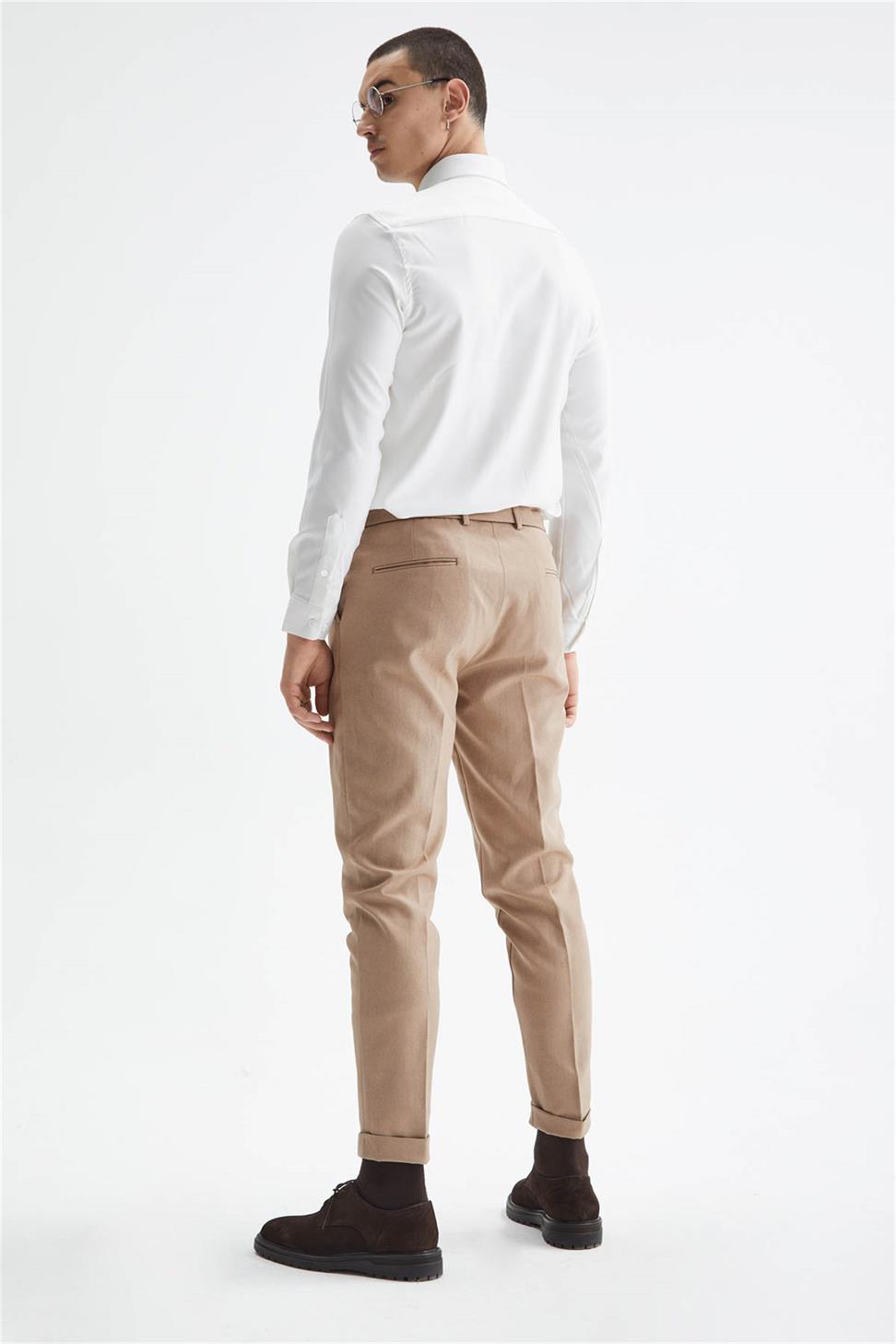 Antioch Koyu Bej Yüksek Bel Kemerli Pileli Pantolon