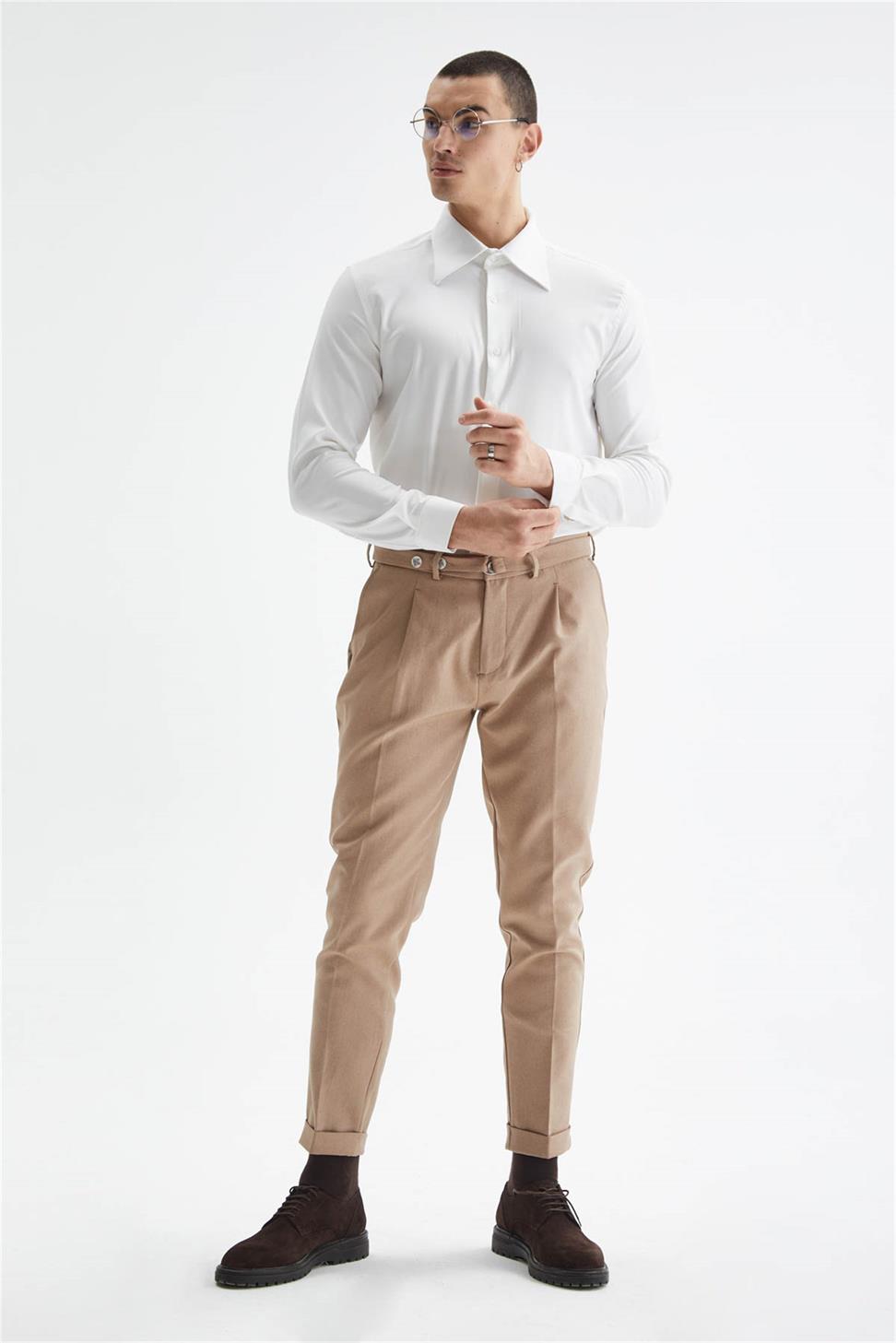 Antioch Koyu Bej Yüksek Bel Kemerli Pileli Pantolon