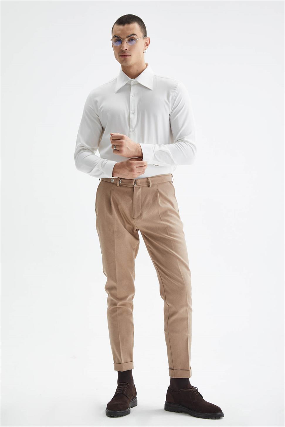 Antioch Koyu Bej Yüksek Bel Kemerli Pileli Pantolon