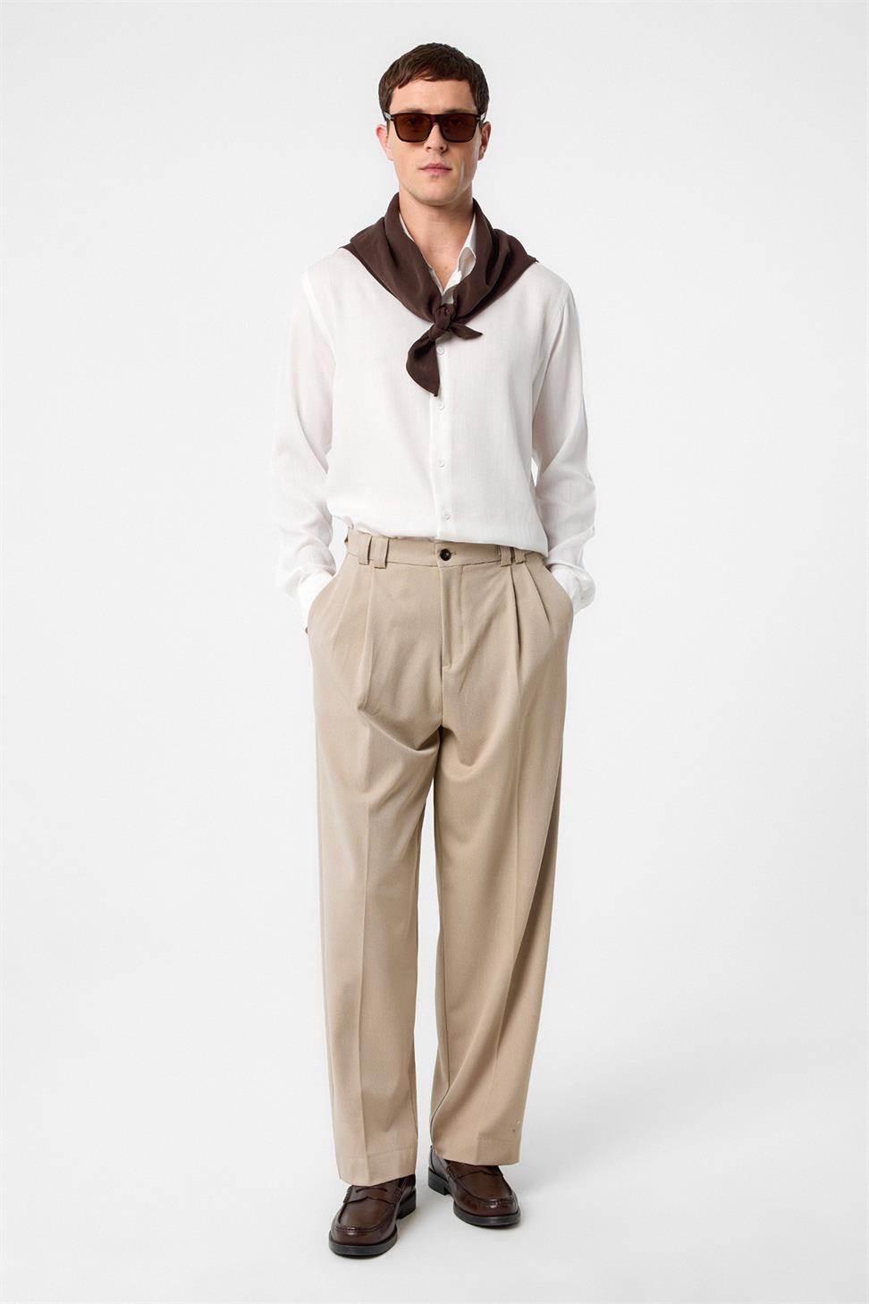 Antioch Koyu Bej Yüksel Bel Relax Fit Pileli Erkek Pantolon