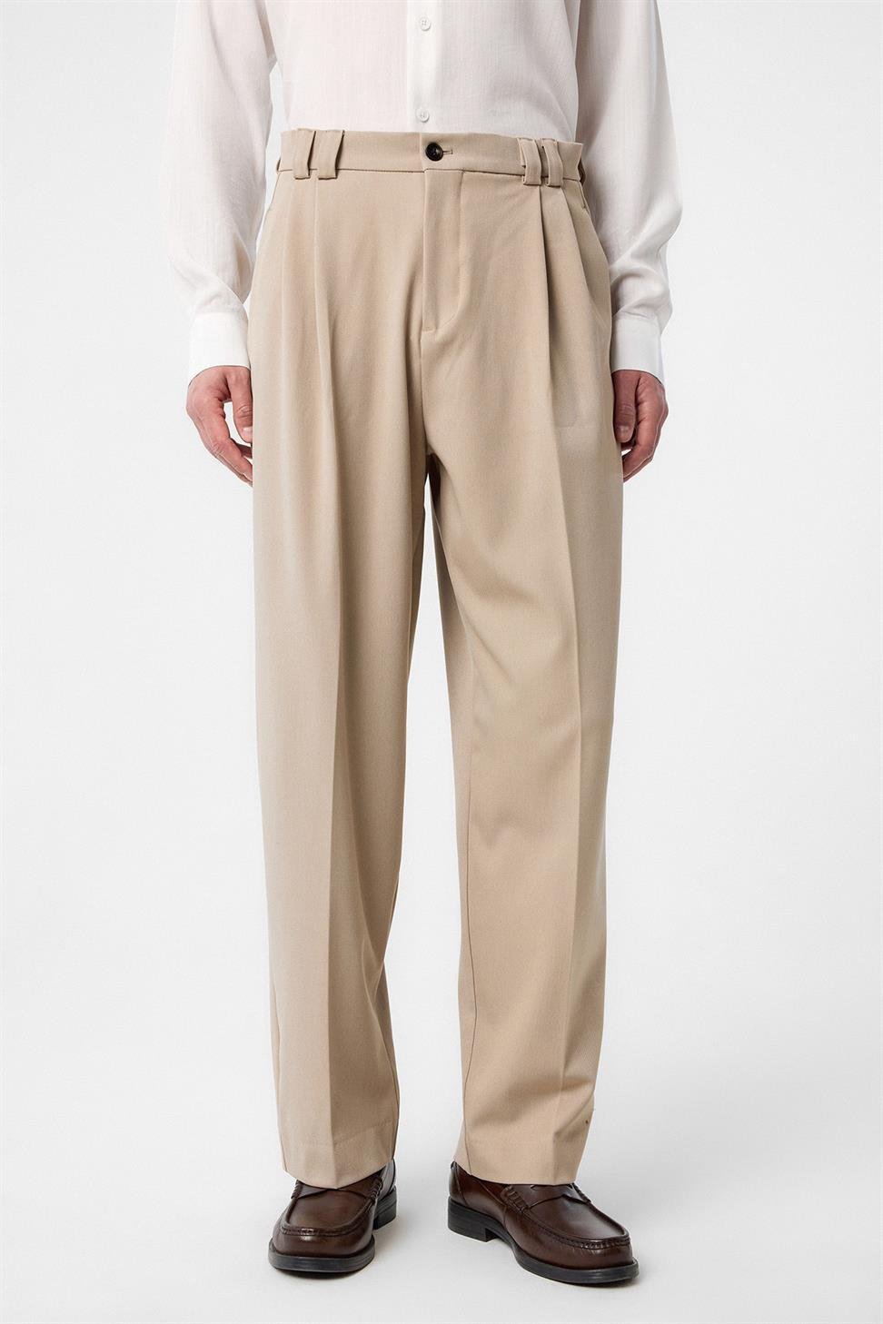 Antioch Koyu Bej Yüksel Bel Relax Fit Pileli Erkek Pantolon