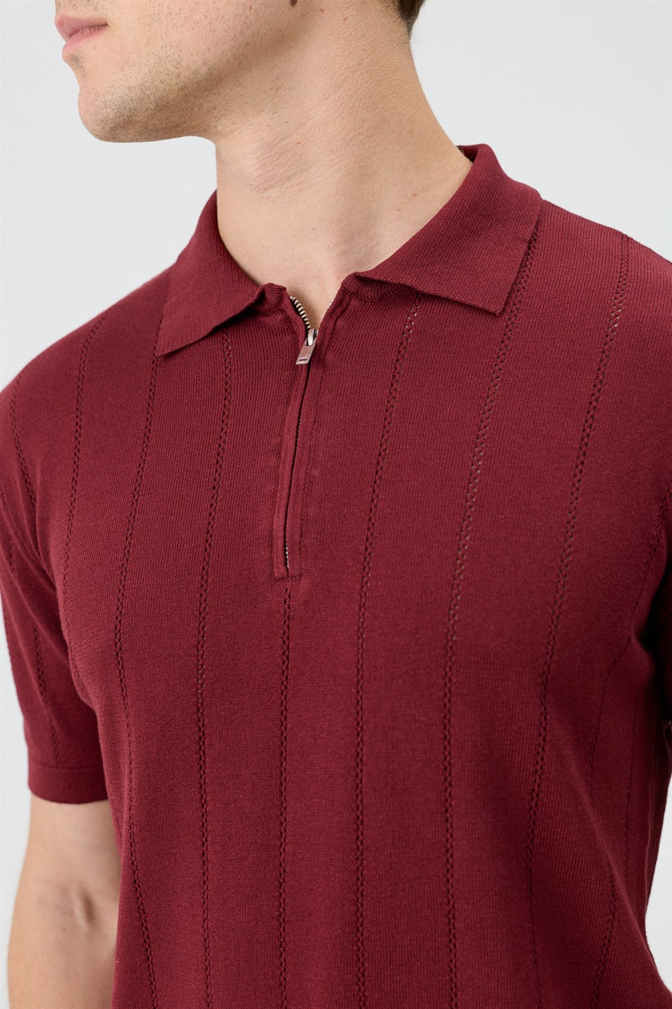 Antioch Koyu Bordo Fermuar Yaka Çizgili Triko Erkek T-Shirt