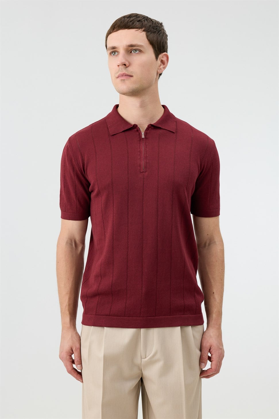 Antioch Koyu Bordo Fermuar Yaka Çizgili Triko Erkek T-Shirt