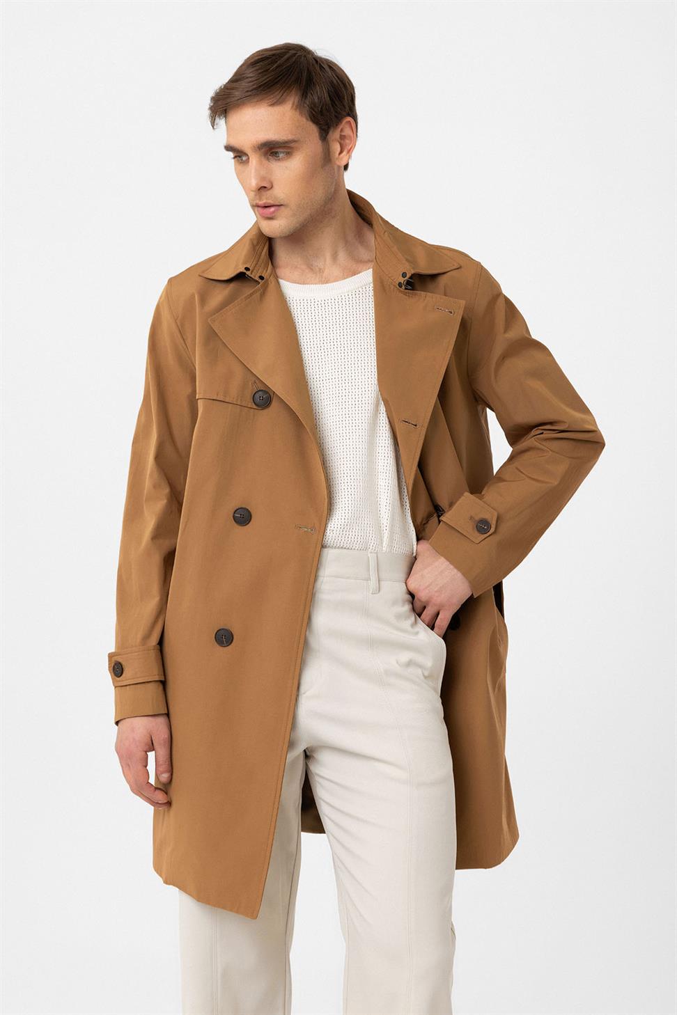 Antioch Koyu Camel Kuşaklı Kruvaze Trençkot