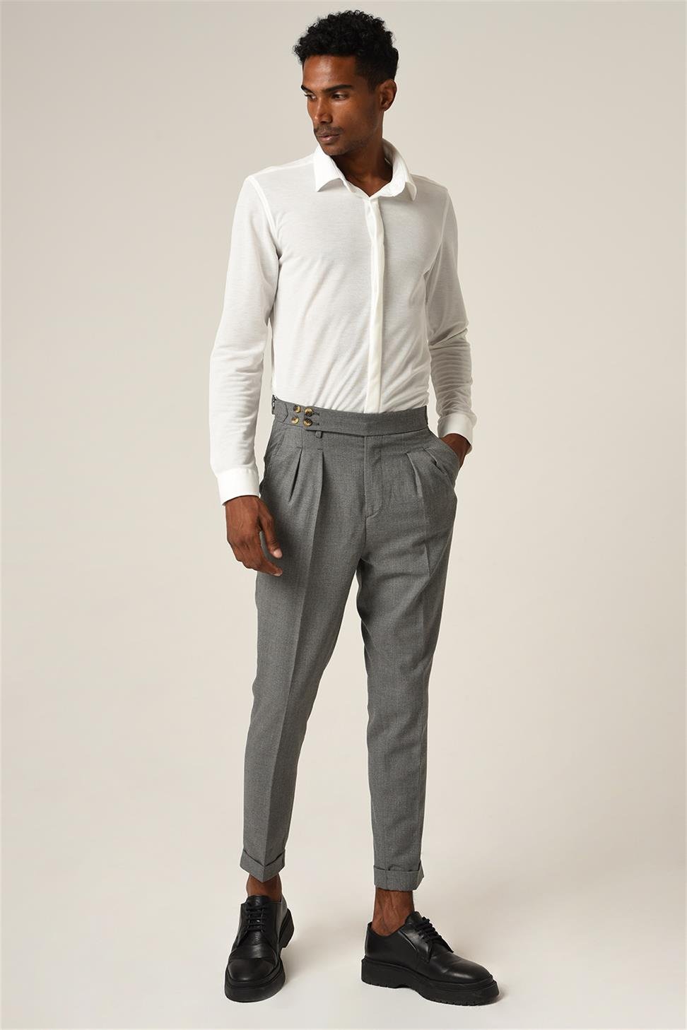 Antioch Koyu Gri Yüksek Bel (Boyfriend) Yandan Tokalı Kemer Detaylı Pileli Kumaş Pantolon