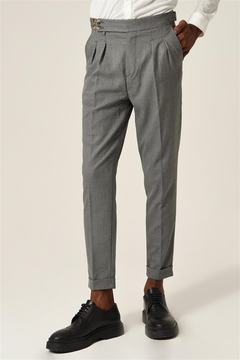 Antioch Koyu Gri Yüksek Bel (Boyfriend) Yandan Tokalı Kemer Detaylı Pileli Kumaş Pantolon