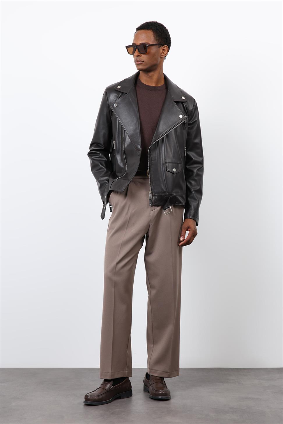 Antioch Koyu Kahve 100% Deri Biker Ceket