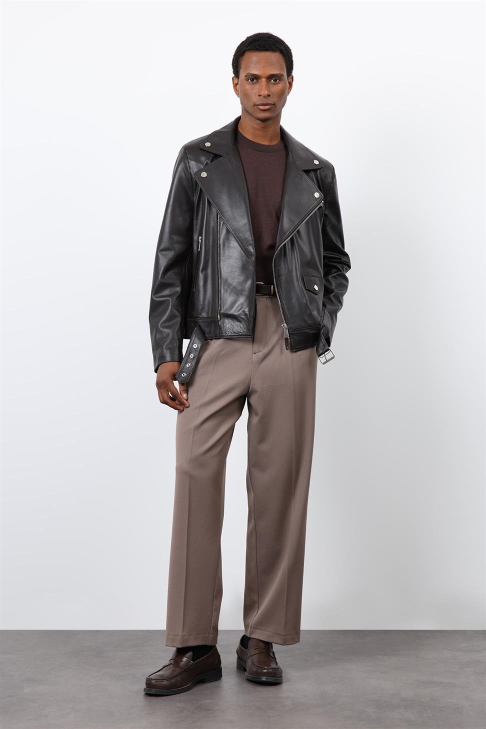 Antioch Koyu Kahve 100% Deri Biker Ceket