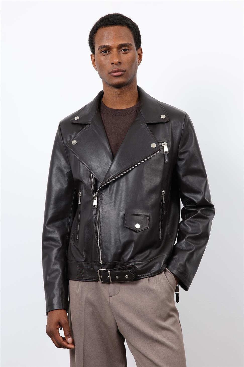 Antioch Koyu Kahve 100% Deri Biker Ceket