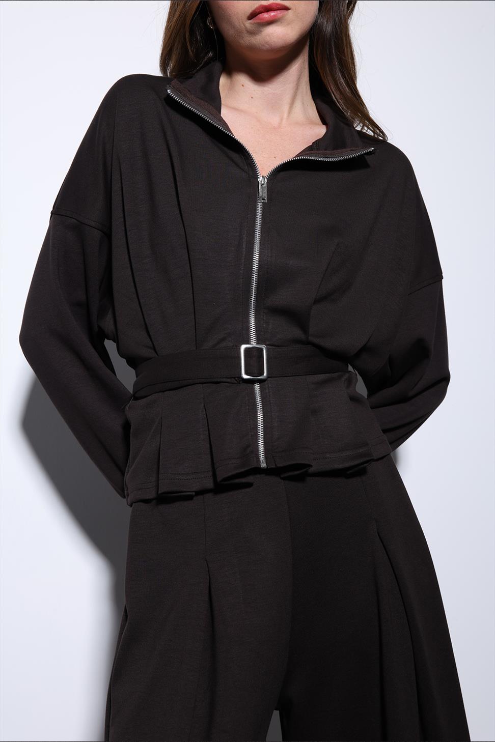 Antioch Koyu Kahve Bel Kemerli Geniş Paça Pantolonlu Takım