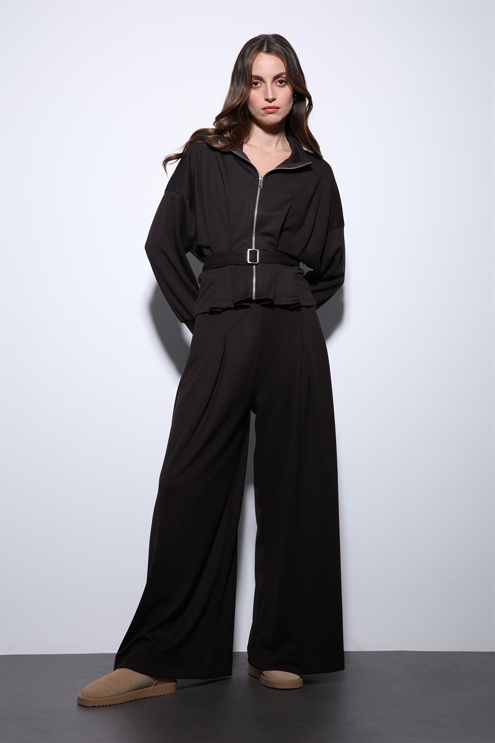 Antioch Koyu Kahve Bel Kemerli Geniş Paça Pantolonlu Takım