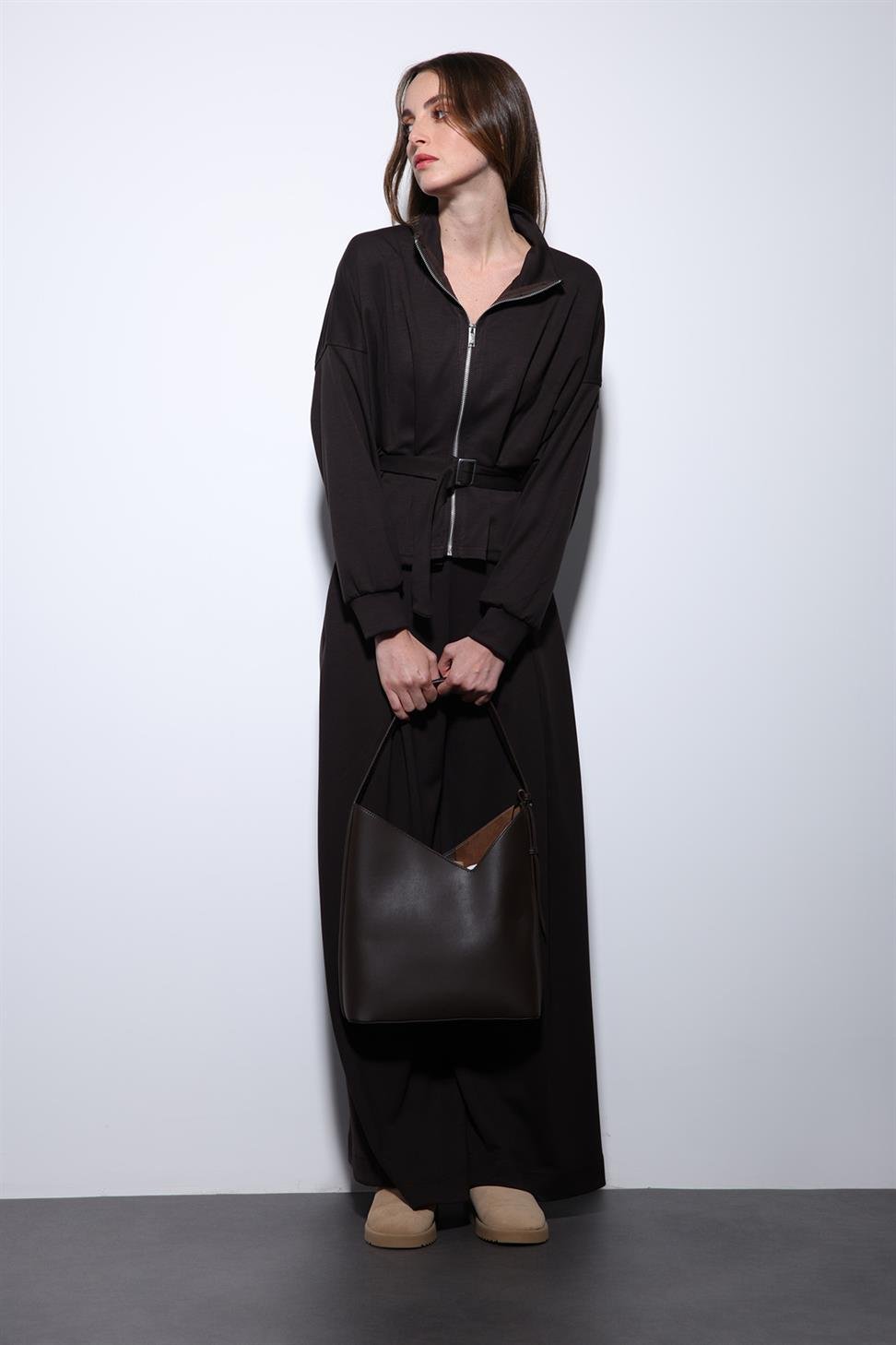 Antioch Koyu Kahve Bel Kemerli Geniş Paça Pantolonlu Takım