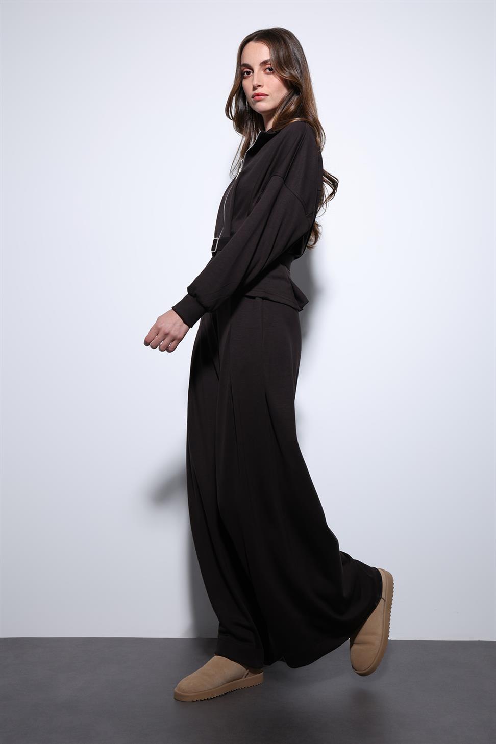 Antioch Koyu Kahve Bel Kemerli Geniş Paça Pantolonlu Takım