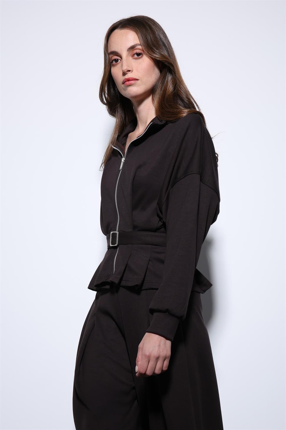 Antioch Koyu Kahve Bel Kemerli Geniş Paça Pantolonlu Takım