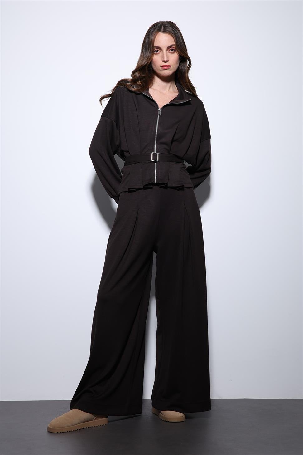 Antioch Koyu Kahve Bel Kemerli Geniş Paça Pantolonlu Takım