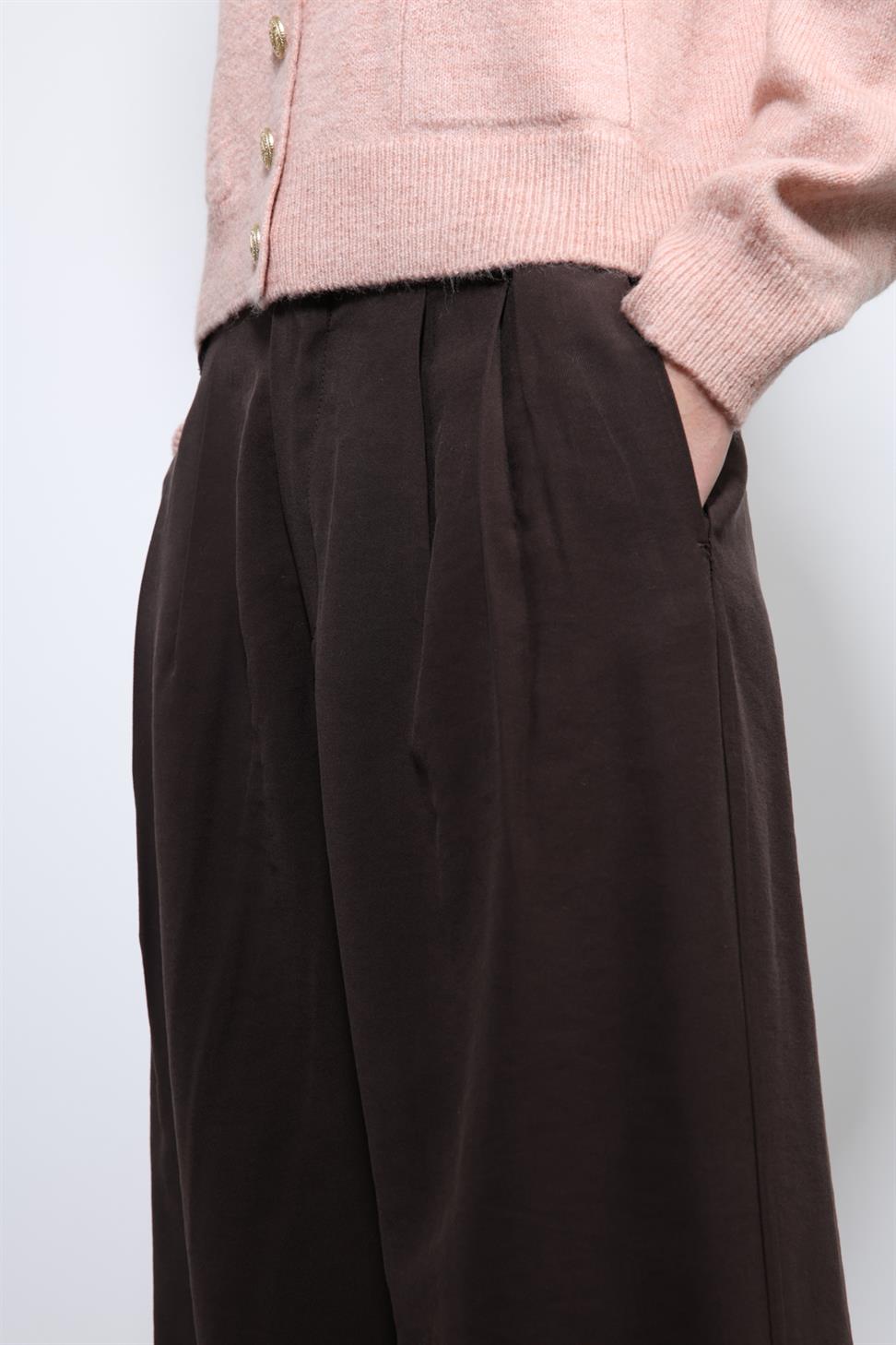 Antioch Koyu Kahve Bel Lastikli Pileli Kadın Pantolon