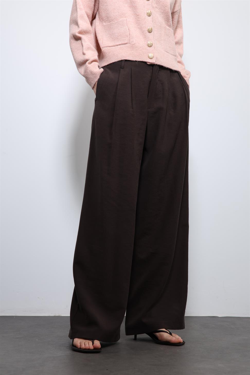 Antioch Koyu Kahve Bel Lastikli Pileli Kadın Pantolon