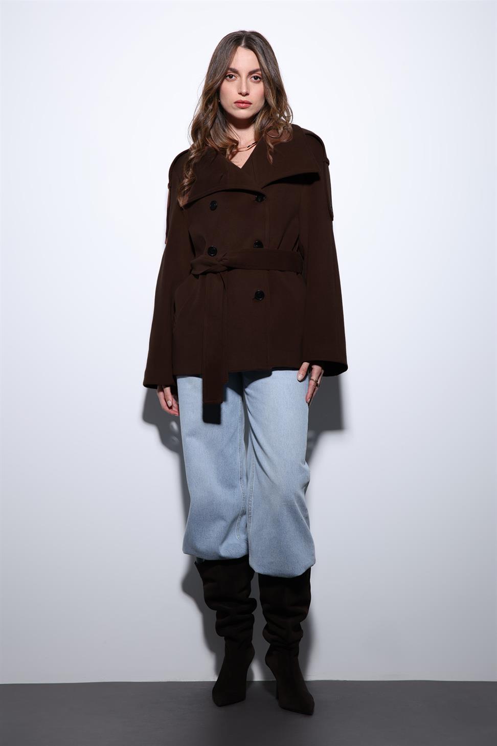 Antioch Koyu Kahve Dik Yaka Kruvaze Kadın Kaban