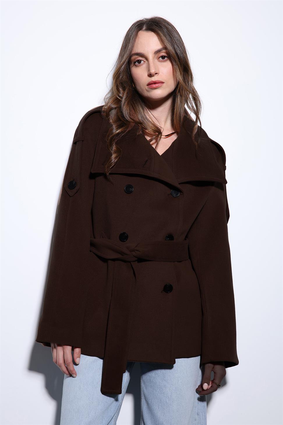 Antioch Koyu Kahve Dik Yaka Kruvaze Kadın Kaban