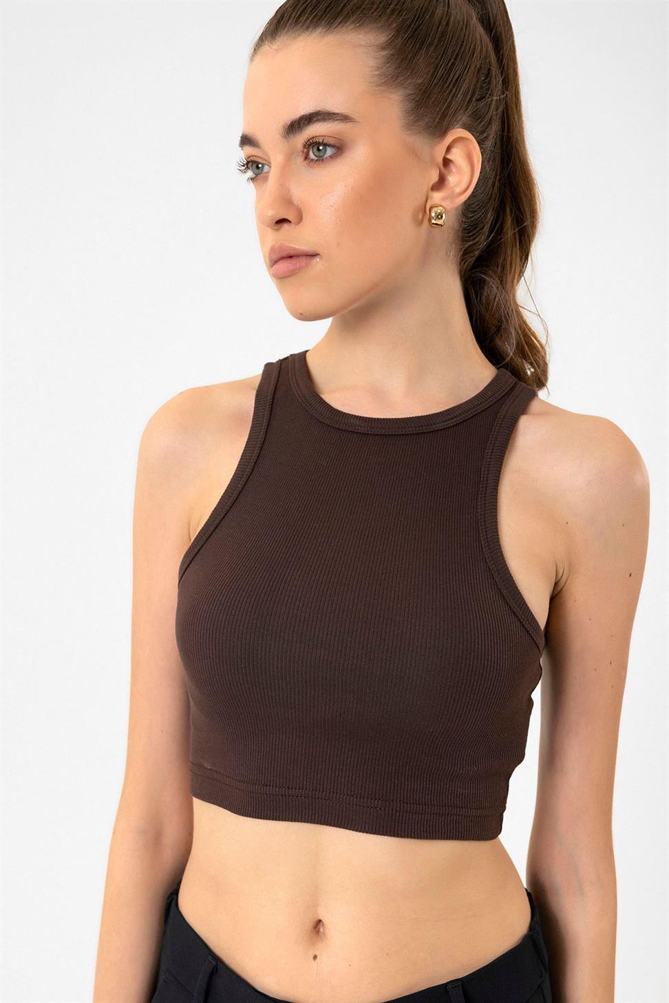 Antioch Koyu Kahve Kadın Fitilli Crop Atlet