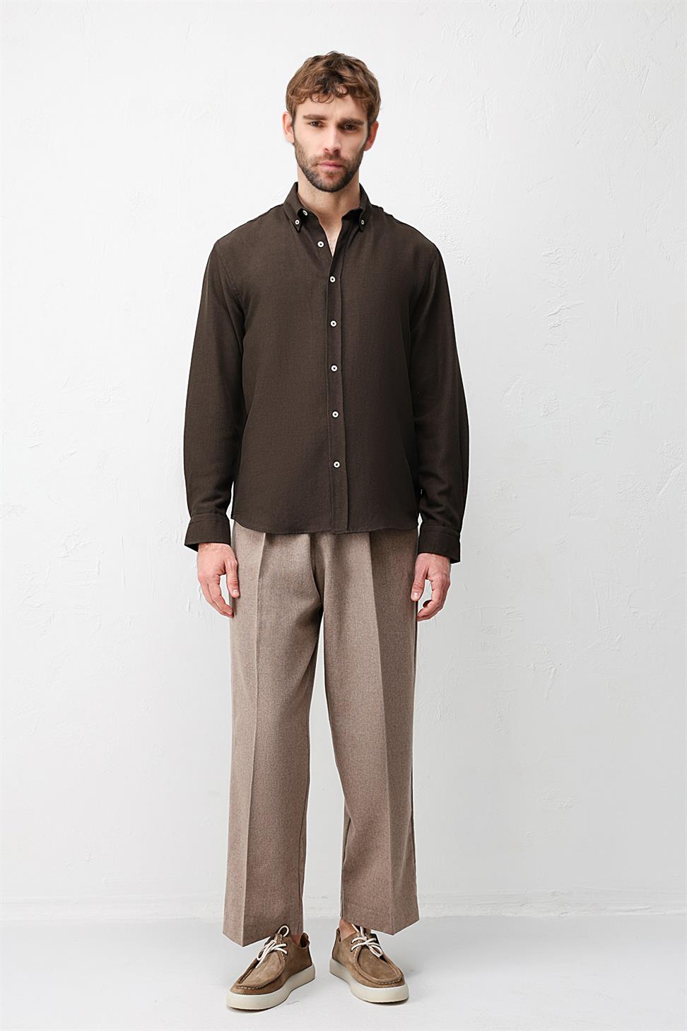 Antioch Koyu Kahve Keten Karışımlı Relaxed Fit Erkek Gömlek