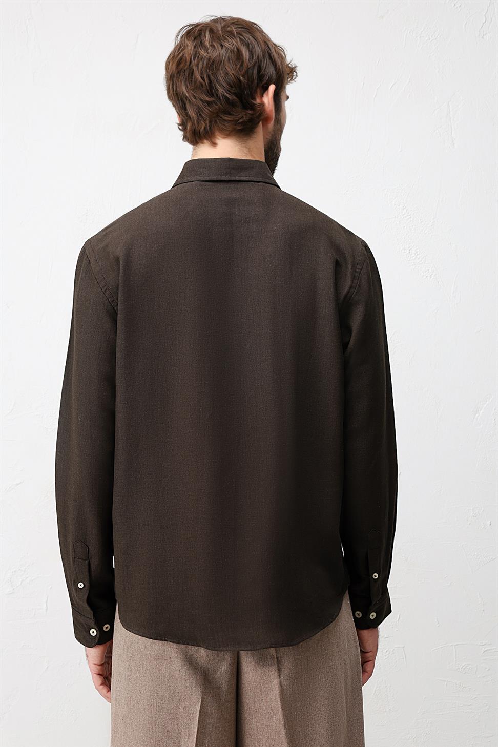 Antioch Koyu Kahve Keten Karışımlı Relaxed Fit Erkek Gömlek