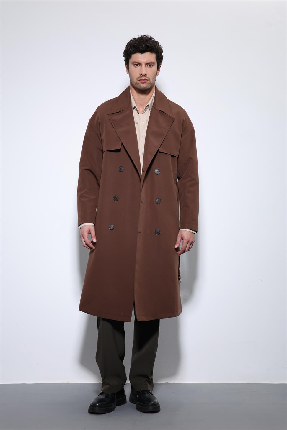 Antioch Koyu Kahve Kruvaze Kapama Kemerli Trençkot