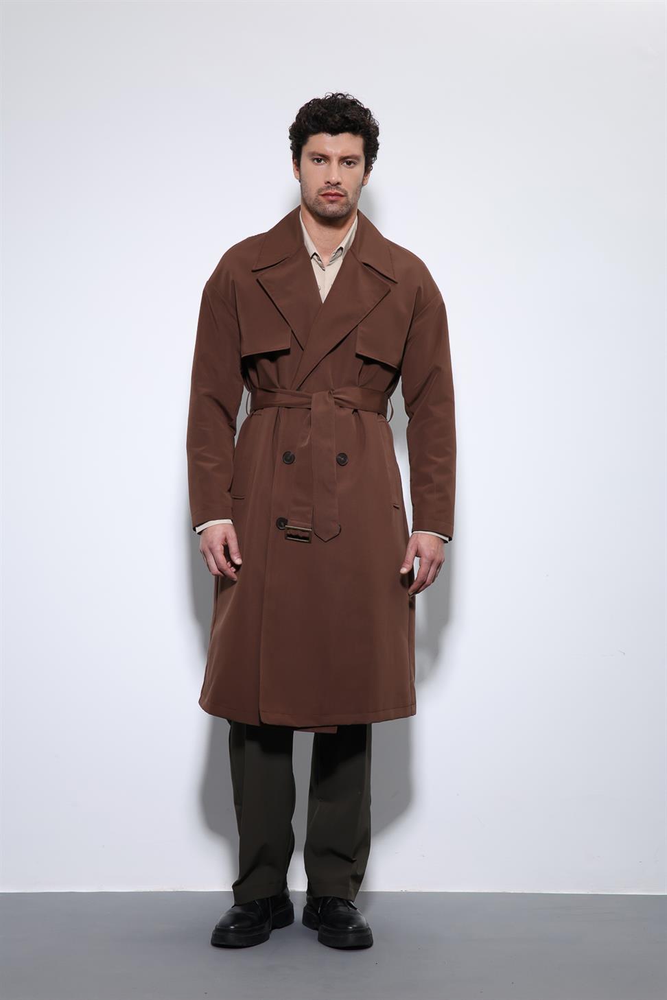 Antioch Koyu Kahve Kruvaze Kapama Kemerli Trençkot