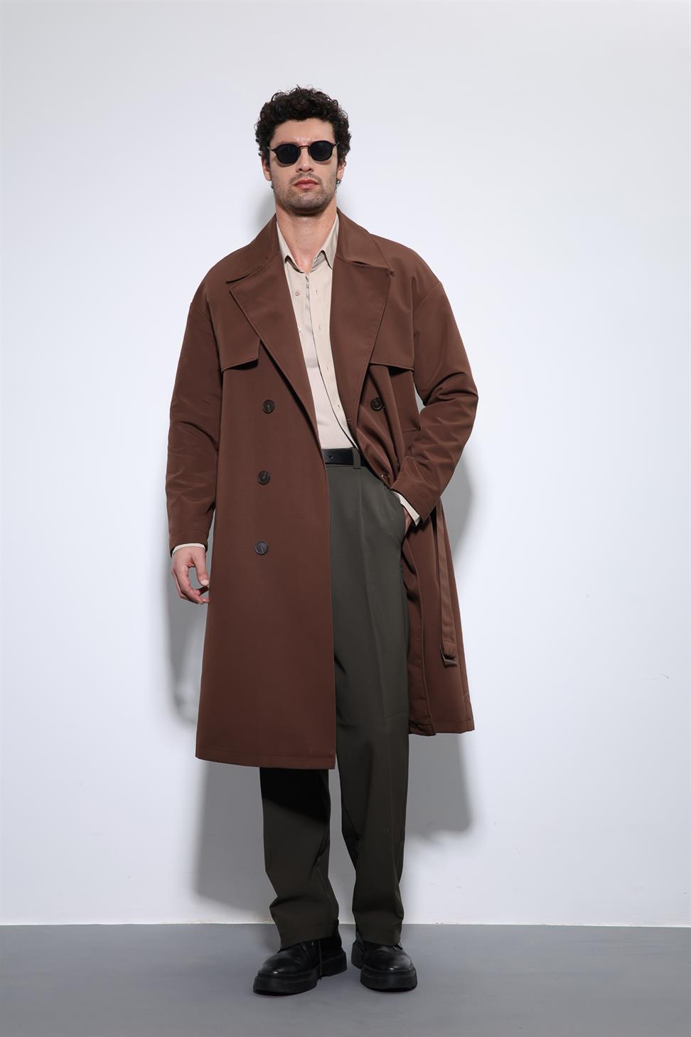 Antioch Koyu Kahve Kruvaze Kapama Kemerli Trençkot