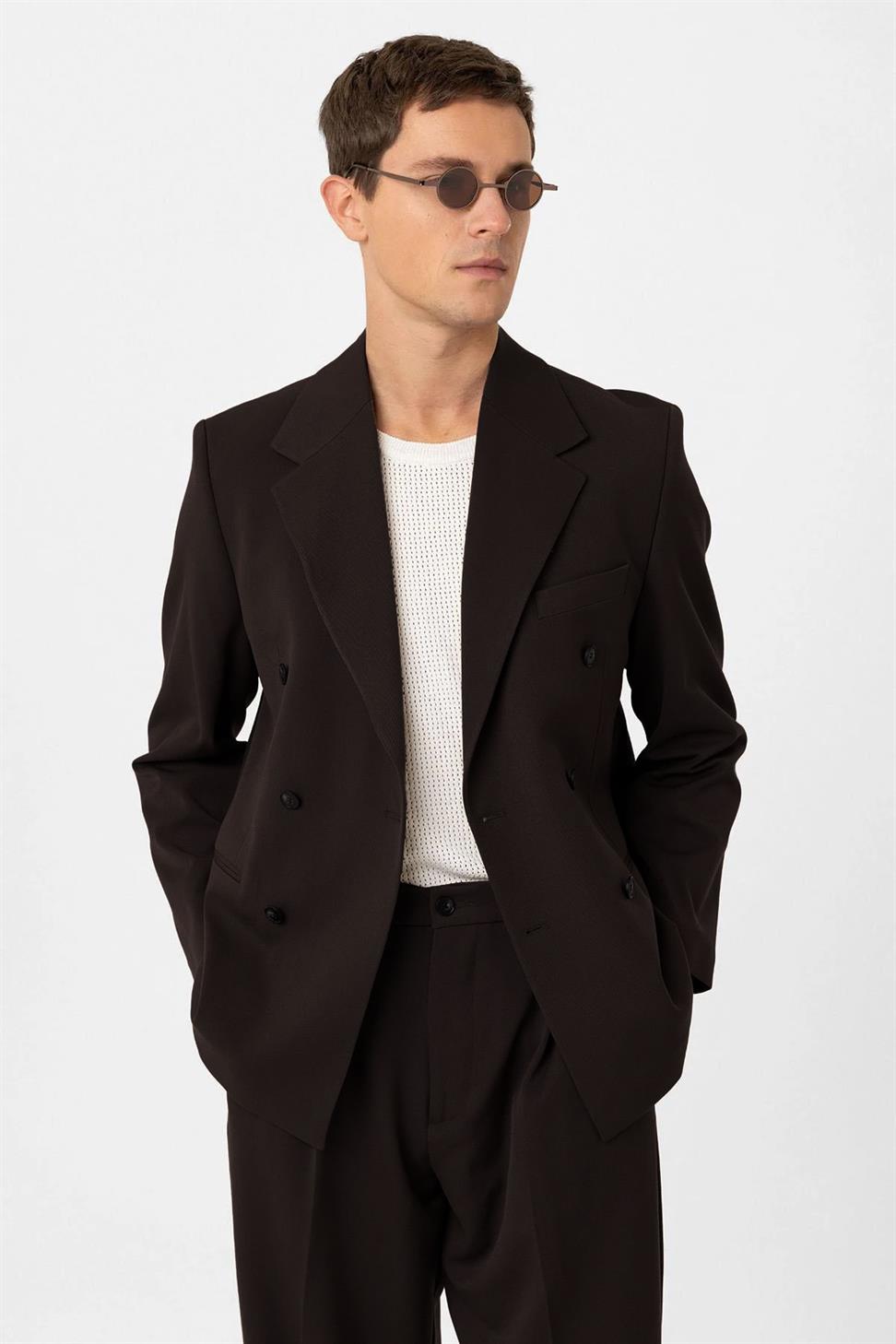 Antioch Koyu Kahve Relax Fit Kruvaze Erkek Blazer Ceket