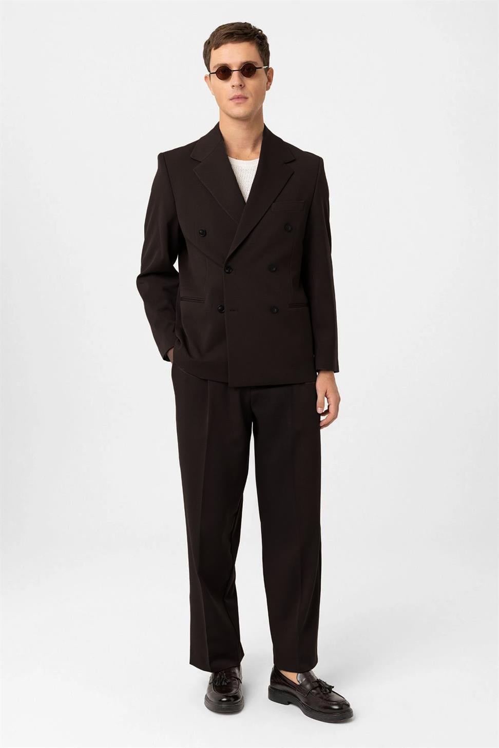 Antioch Koyu Kahve Relax Fit Kruvaze Erkek Blazer Ceket