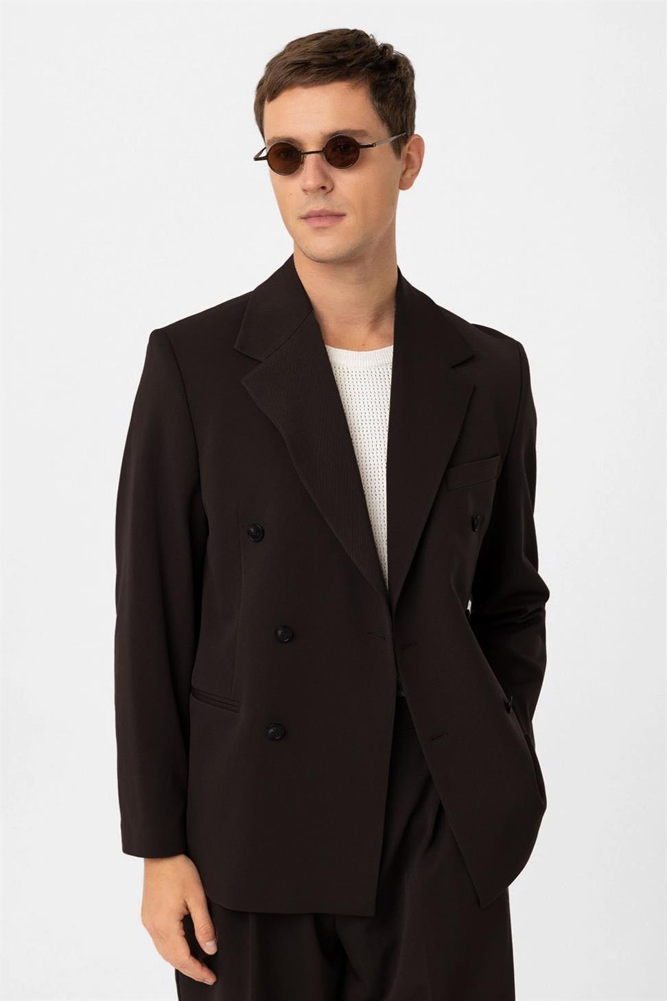 Antioch Koyu Kahve Relax Fit Kruvaze Erkek Blazer Ceket