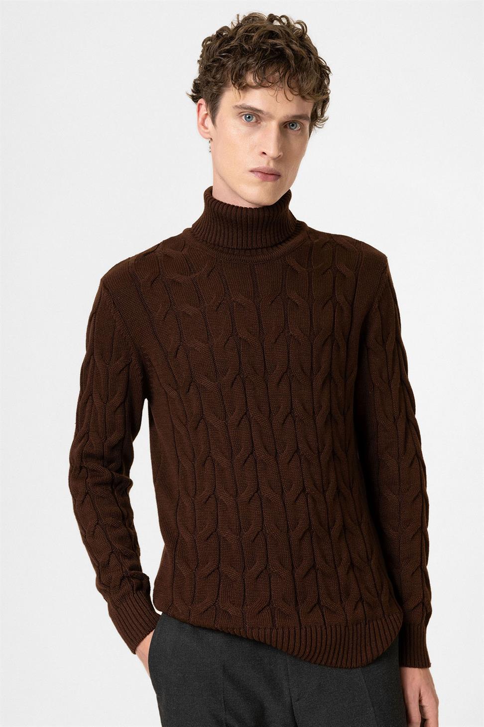 Antioch Koyu Kahve Saç Örgülü Erkek Kazak