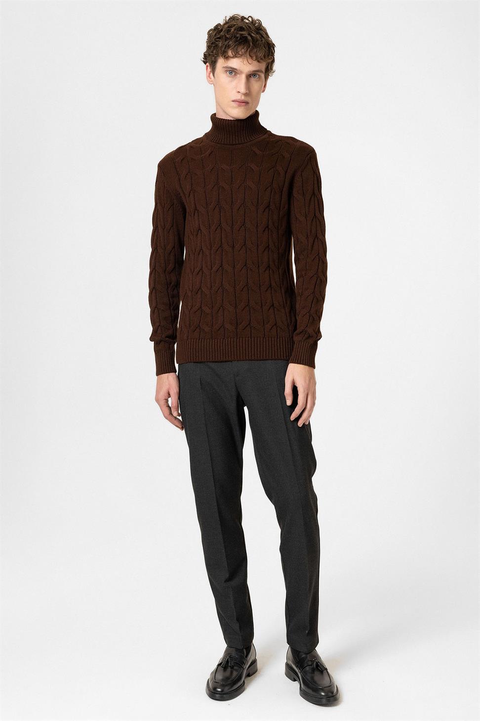 Antioch Koyu Kahve Saç Örgülü Erkek Kazak