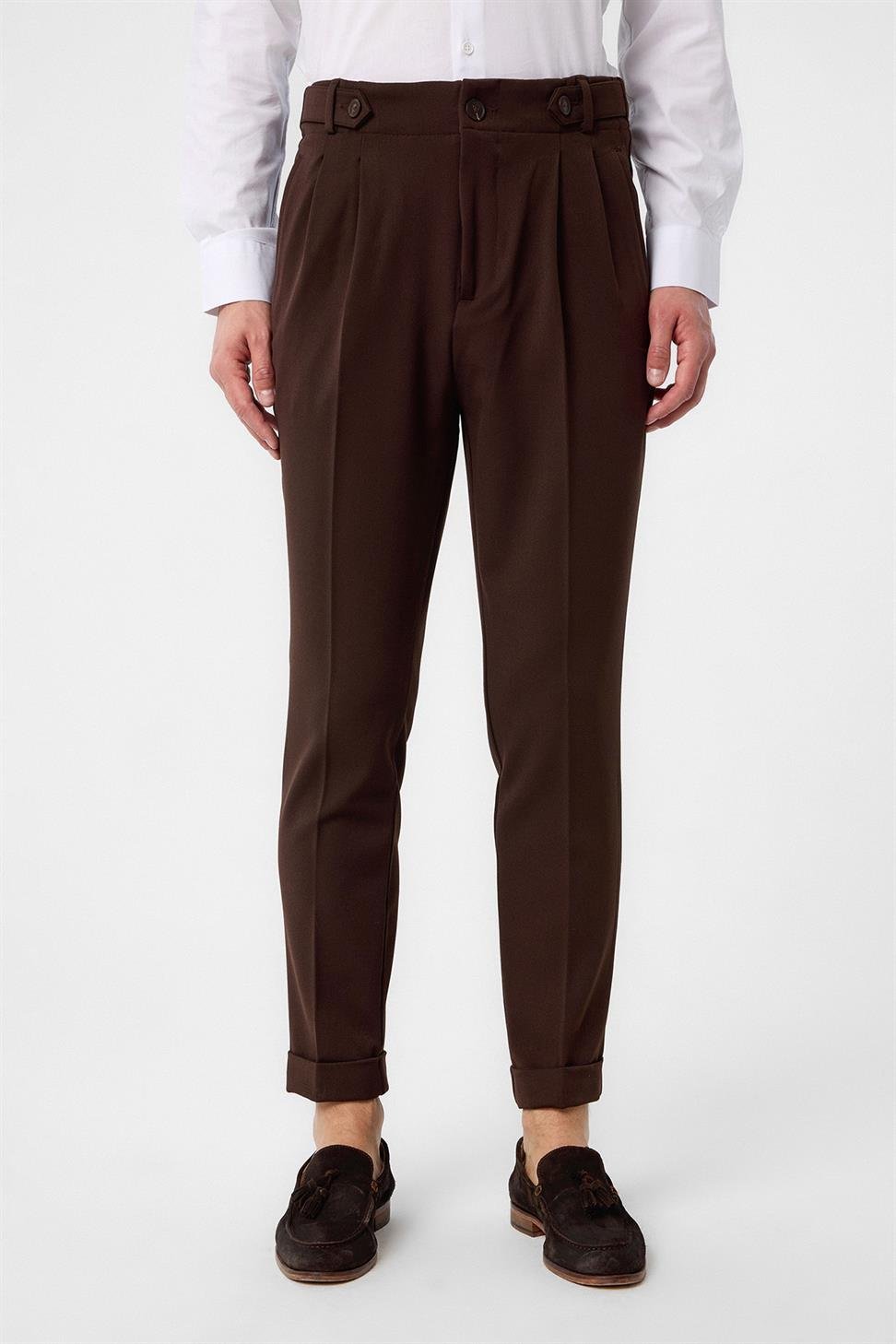 Antioch Koyu Kahve Yüksek Bel (Boyfriend) Pileli Kumaş Pantolon