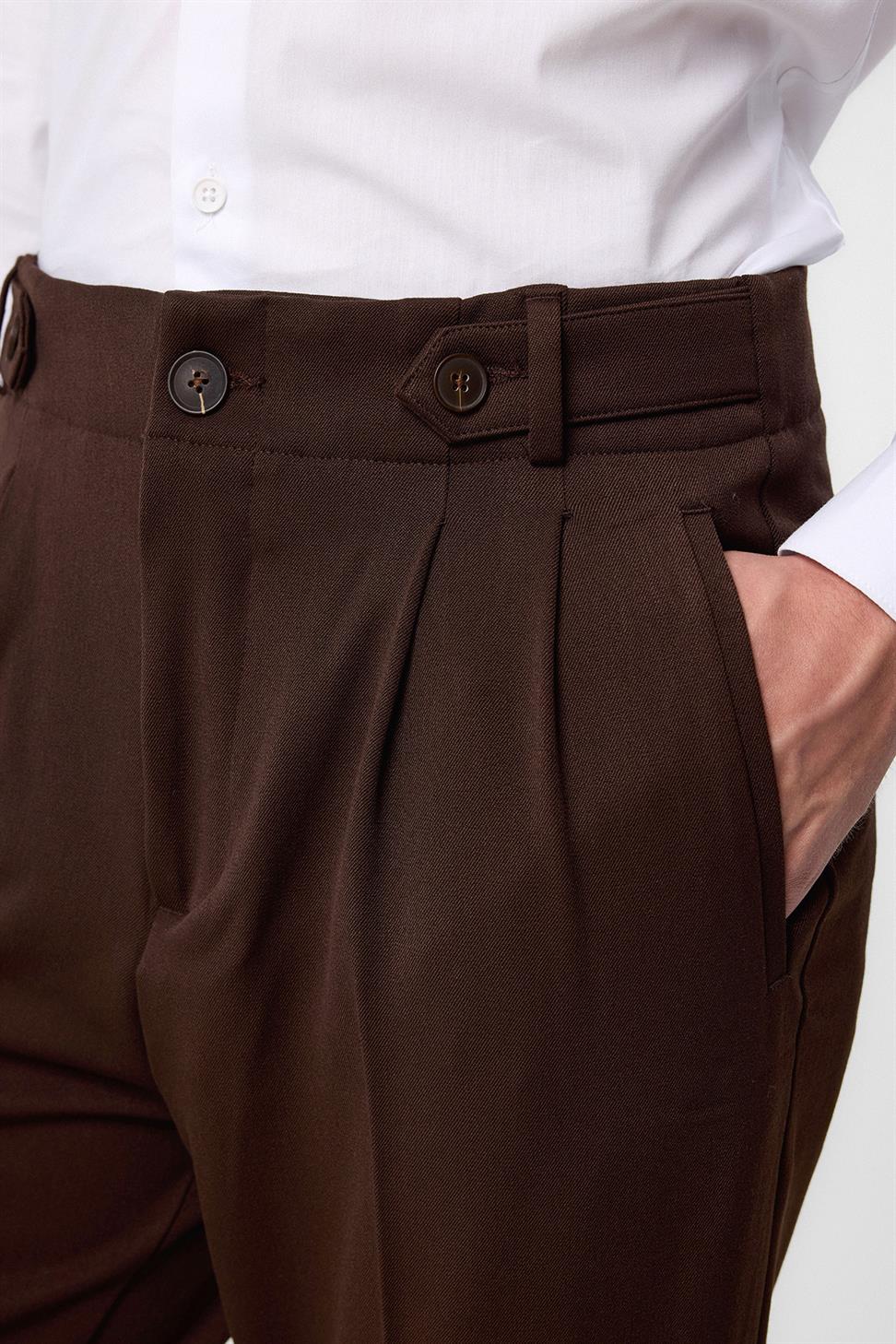 Antioch Koyu Kahve Yüksek Bel (Boyfriend) Pileli Kumaş Pantolon