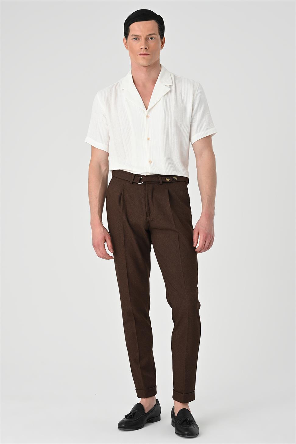 Antioch Koyu Kahve Yüksek Bel Kemerli Pileli Pantolon