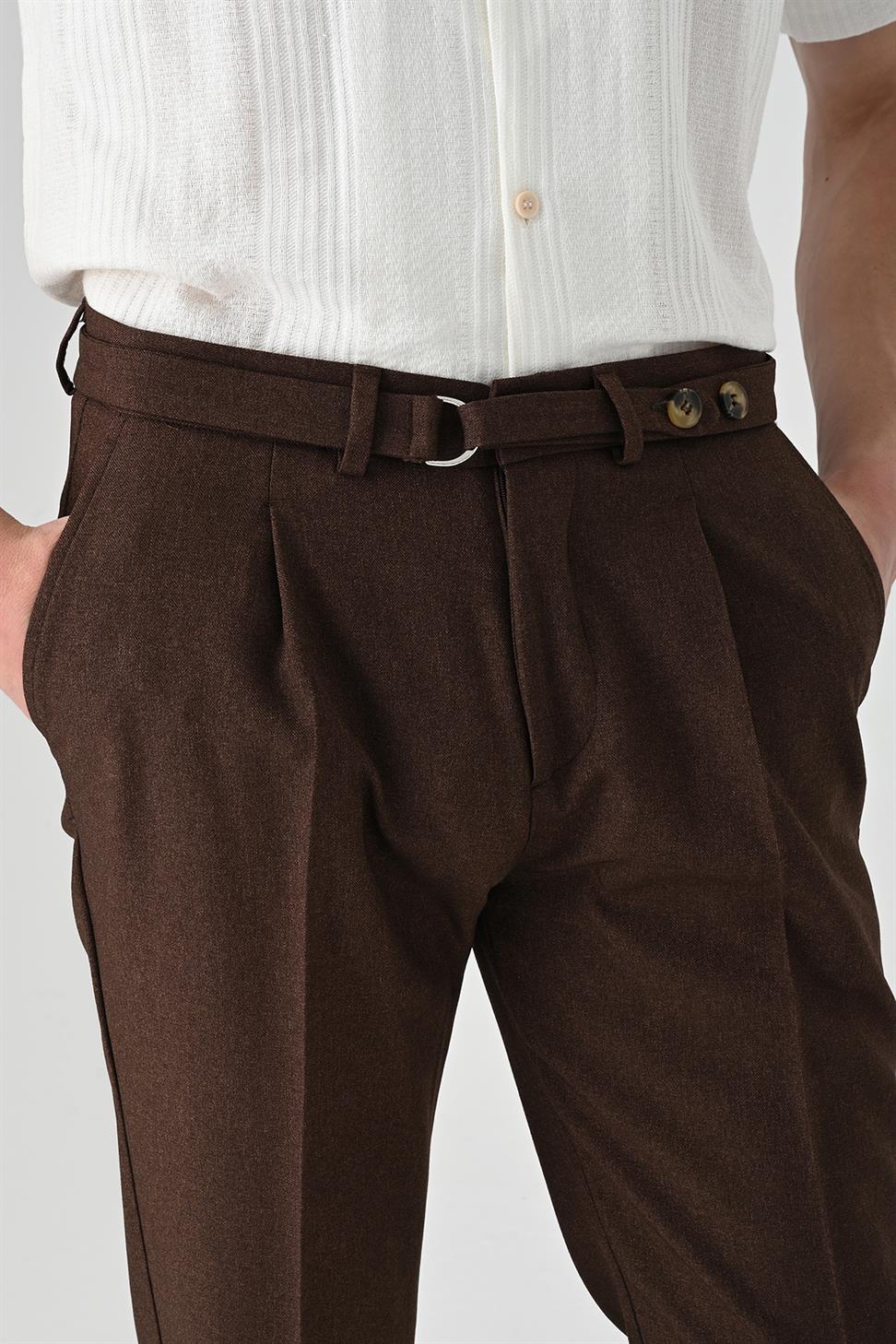 Antioch Koyu Kahve Yüksek Bel Kemerli Pileli Pantolon