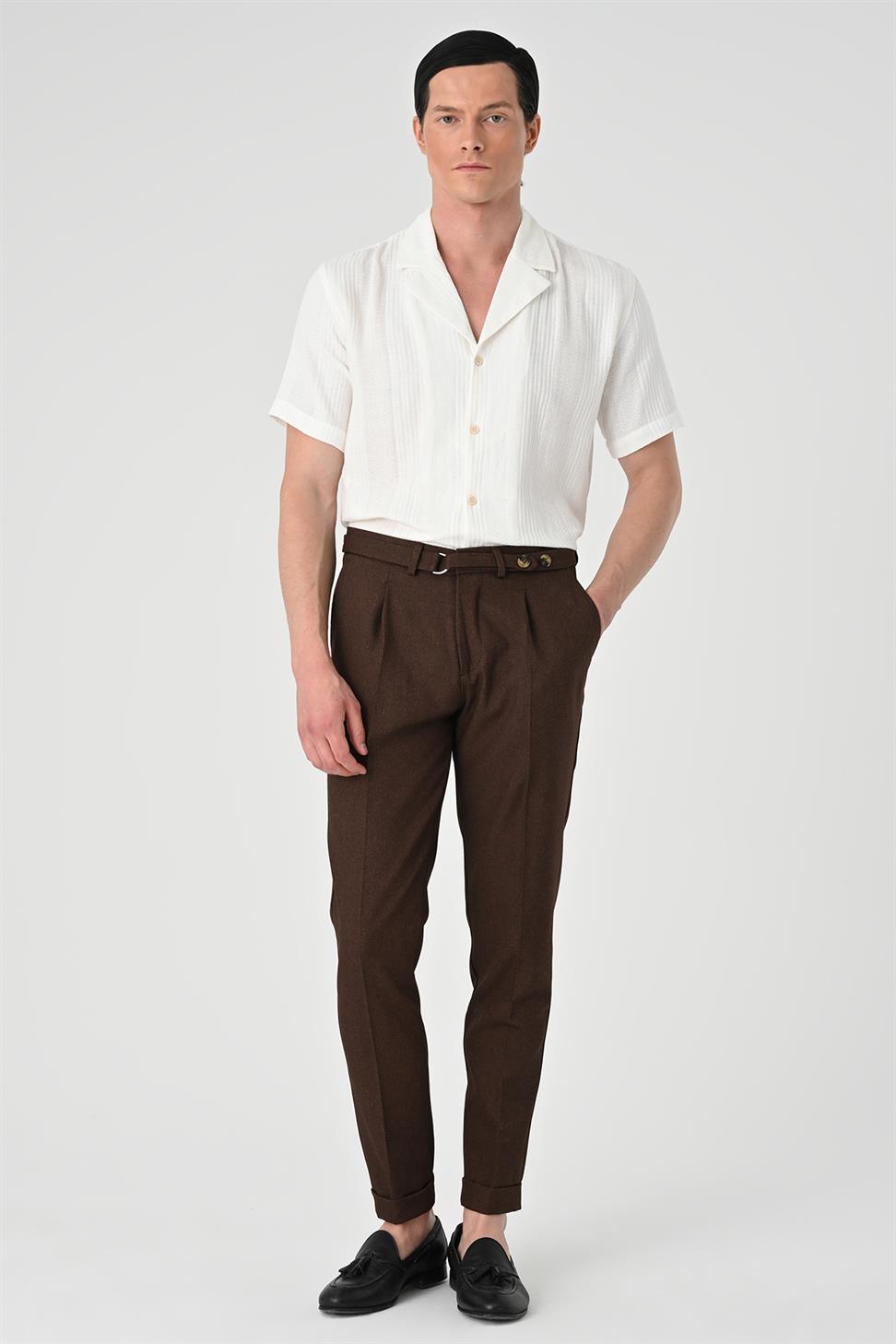 Antioch Koyu Kahve Yüksek Bel Kemerli Pileli Pantolon