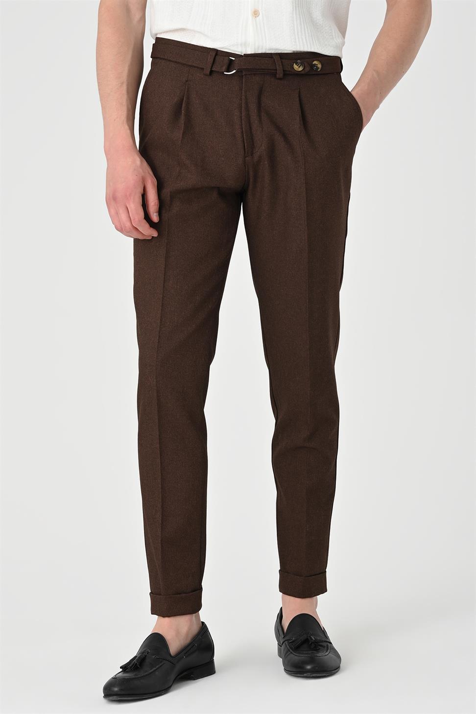 Antioch Koyu Kahve Yüksek Bel Kemerli Pileli Pantolon