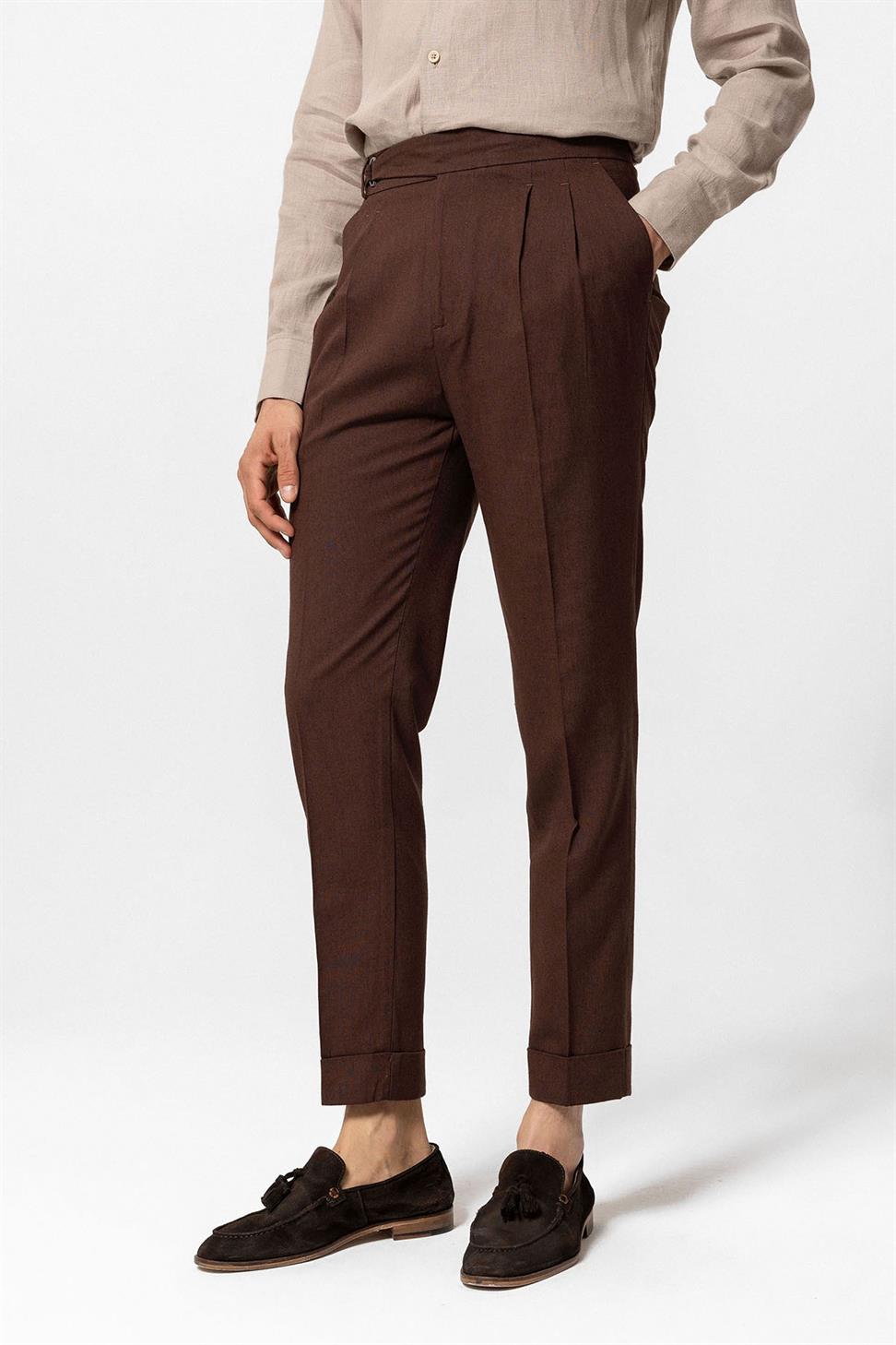 بنطلون رجالي عالي الخصر من مزيج الكتان مطوي