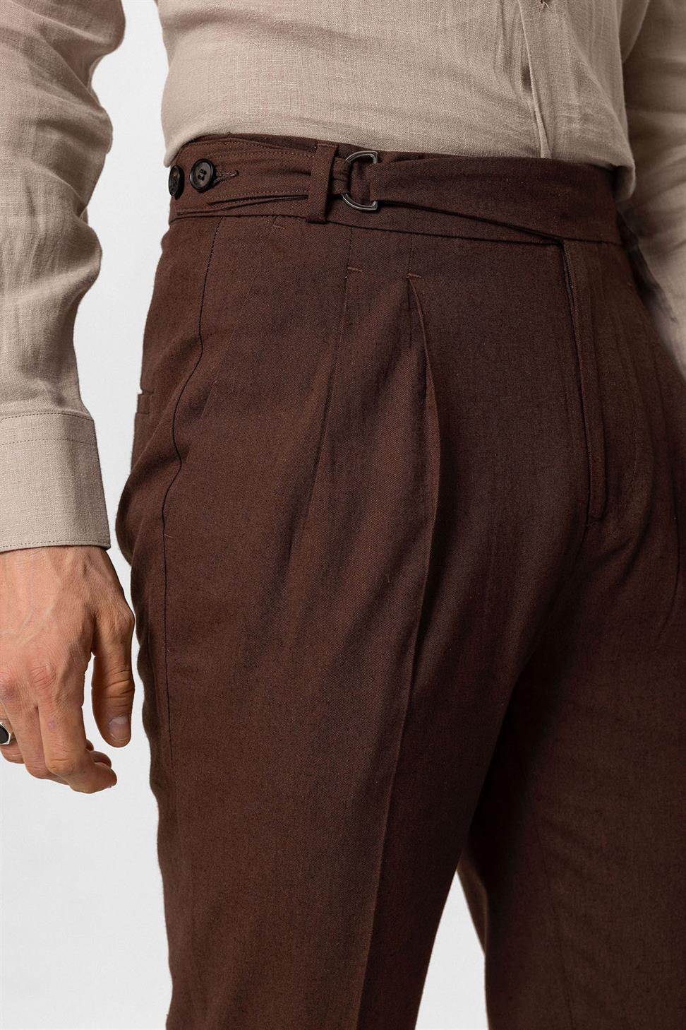بنطلون رجالي عالي الخصر من مزيج الكتان مطوي