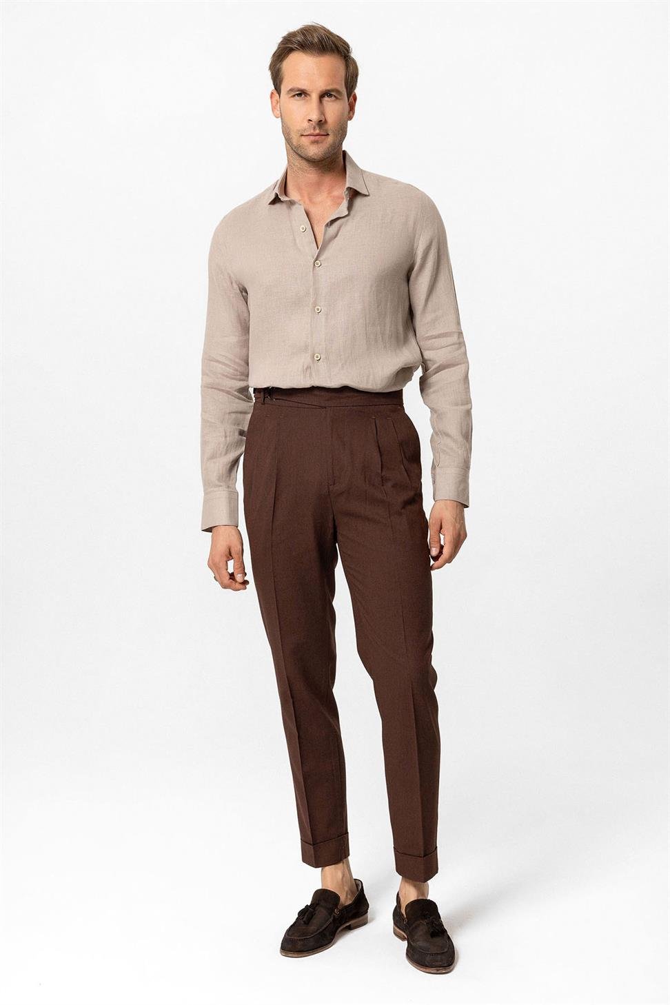 بنطلون رجالي عالي الخصر من مزيج الكتان مطوي