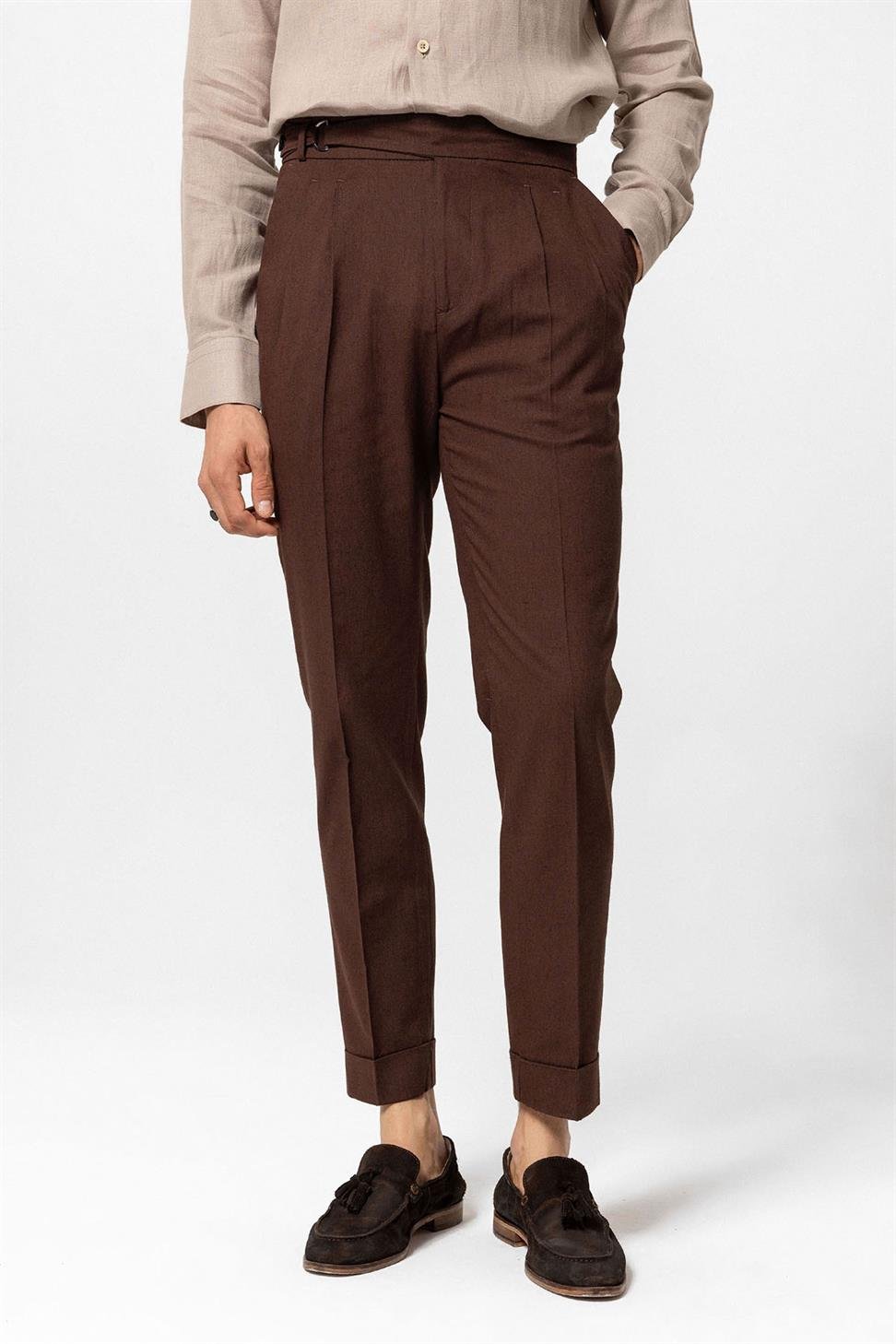 بنطلون رجالي عالي الخصر من مزيج الكتان مطوي