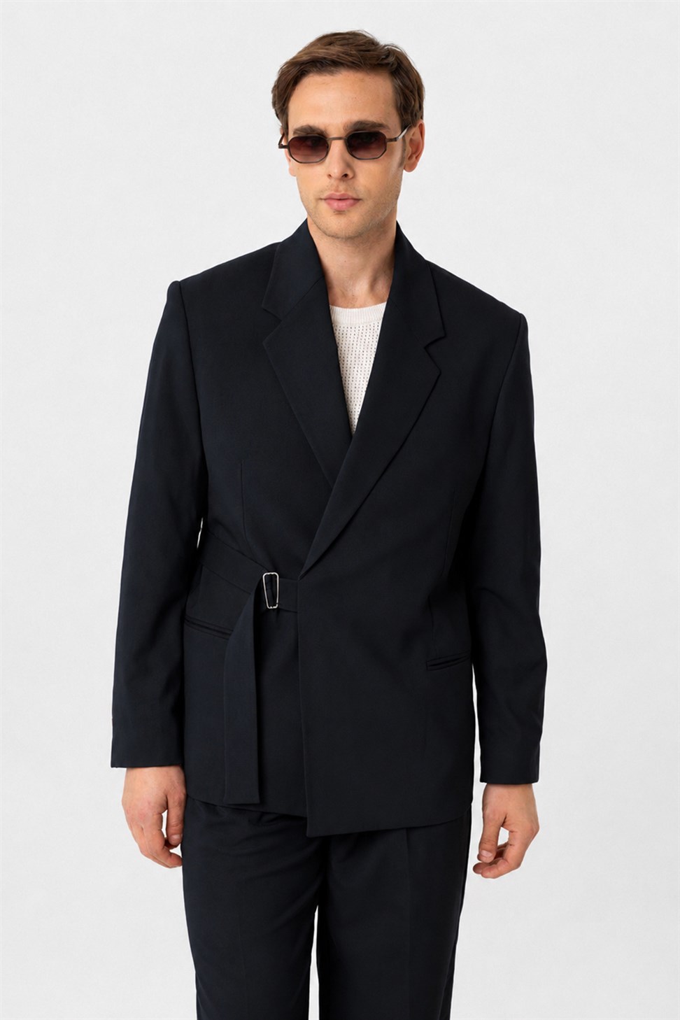 Antioch Koyu Lacivert Kuşaklı Relax Fit Erkek Blazer Ceket