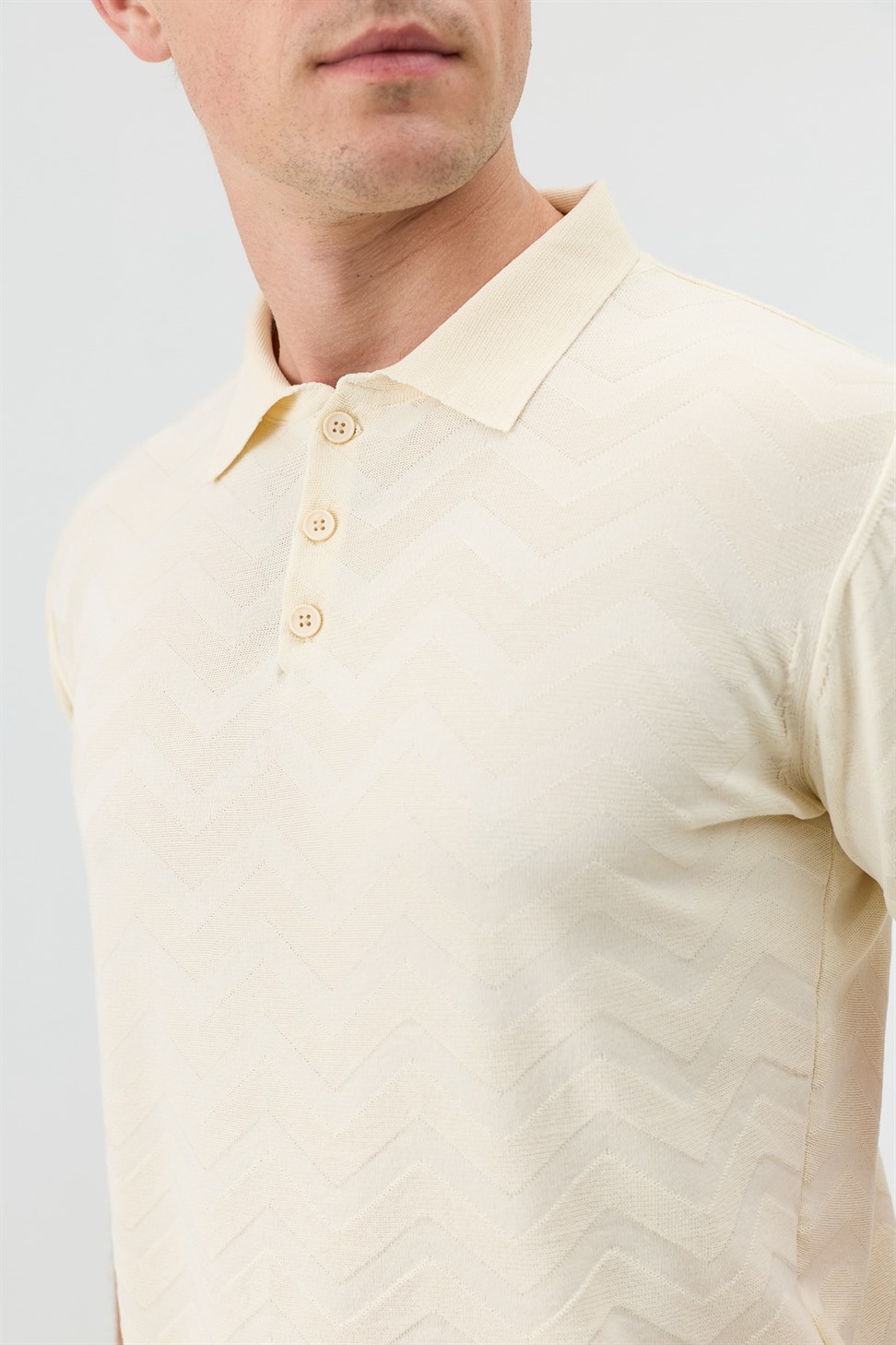 Antioch Krem Zigzag Desenli Polo Yaka Triko Erkek T-Shirt